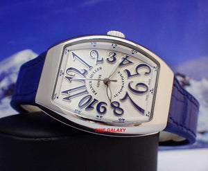 Franck Muller Vanguard V32SCATFOACBL features white dial with blue numerals 