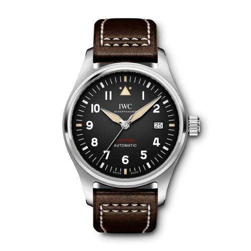 Authentic IWC Pilot's Watch Automatic Spitfire Stainless Steel Black Leather IW326803