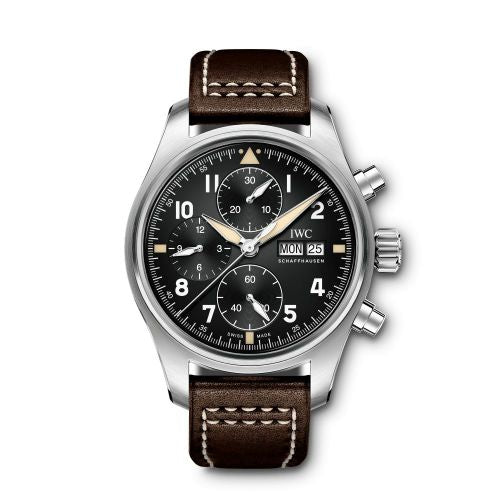 Authentic IWC Pilot's Watch Chronograph Spitfire Stainless Steel Black Calf IW387903