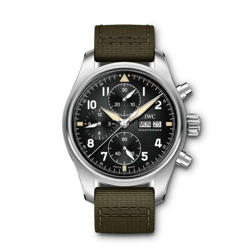 Authentic IWC Pilot's Watch Chronograph Spitfire Stainless Steel Black Textile IW387901