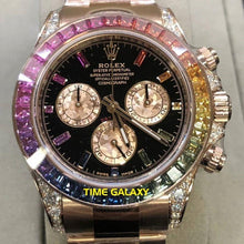 Load image into Gallery viewer, Rolex 116595RBOW-0001 rainbow features black dial, diamond indexes and stick hands display