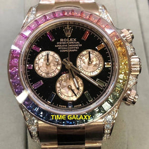 Rolex 116595RBOW-0001 rainbow features black dial, diamond indexes and stick hands display