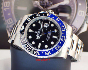 Rolex 116710blnr-0002 features black dial, black and blue Cerachrom bezel