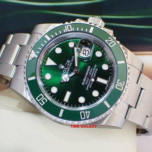 Rolex 116610LV features green dial, mixed indexes, Mercedes hands