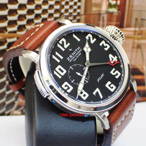 Used Zenith 03.2430.693/21.C723 watch powered by Elite 693 caliber, black dial, calfskin leather strap
